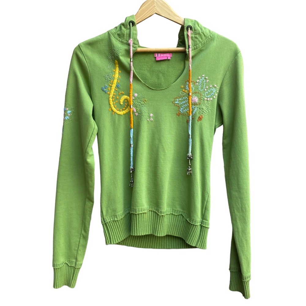 BCBGirls Green Embroidered Hippie Bohemian Hoodie, Sz S